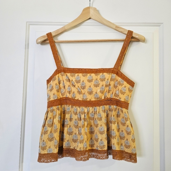 Free People Blossom Squareneck Babydoll Tank Cotton Block Print Lace Trim NWOT - Picture 11 of 11